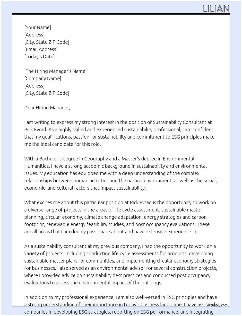 Sustainability consultant  At Pick evrad Cover Letter