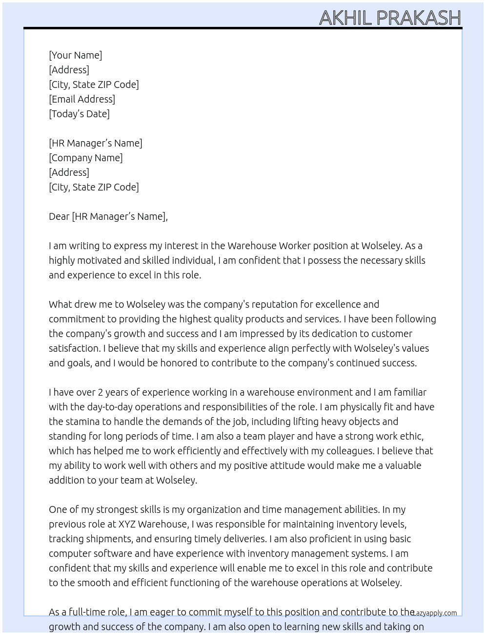 Warehouse worker  At Wolseley Cover Letter
