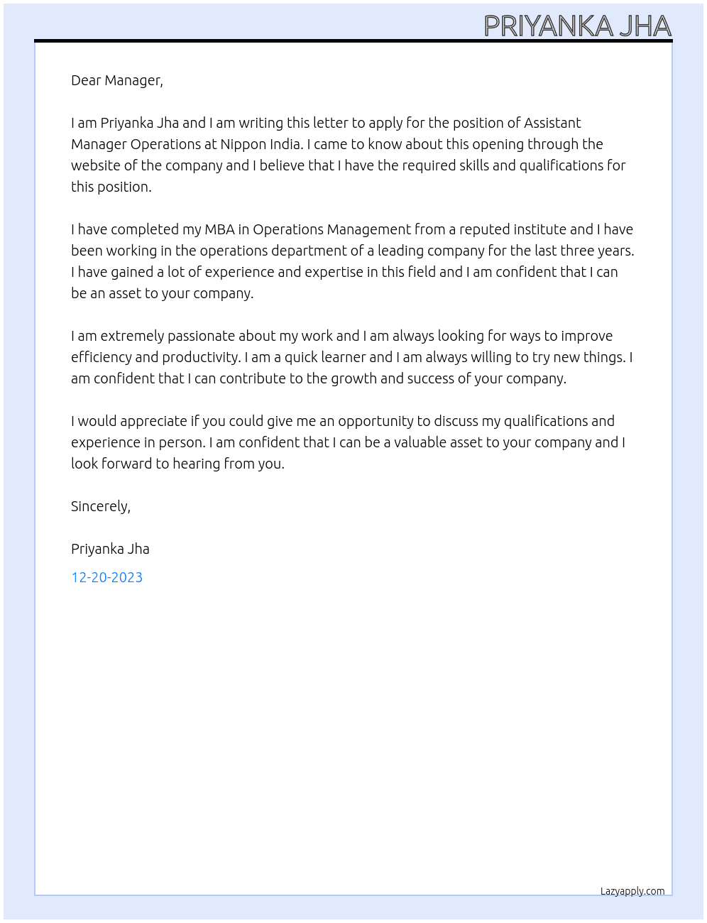 Assistant Manager Operation At Nippon India Cover Letter