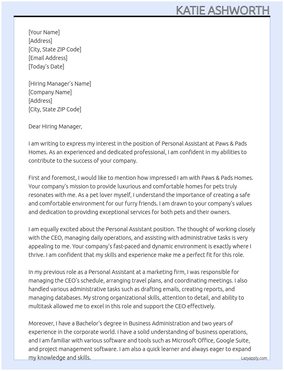 Personal Assistant  At Paws & Pads Homes Cover Letter