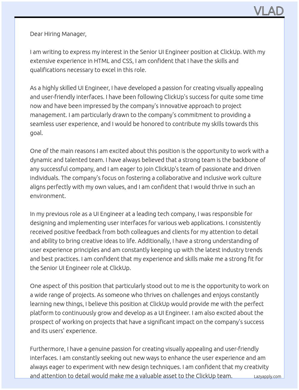 Senior UI Engineer At ClickUp Cover Letter