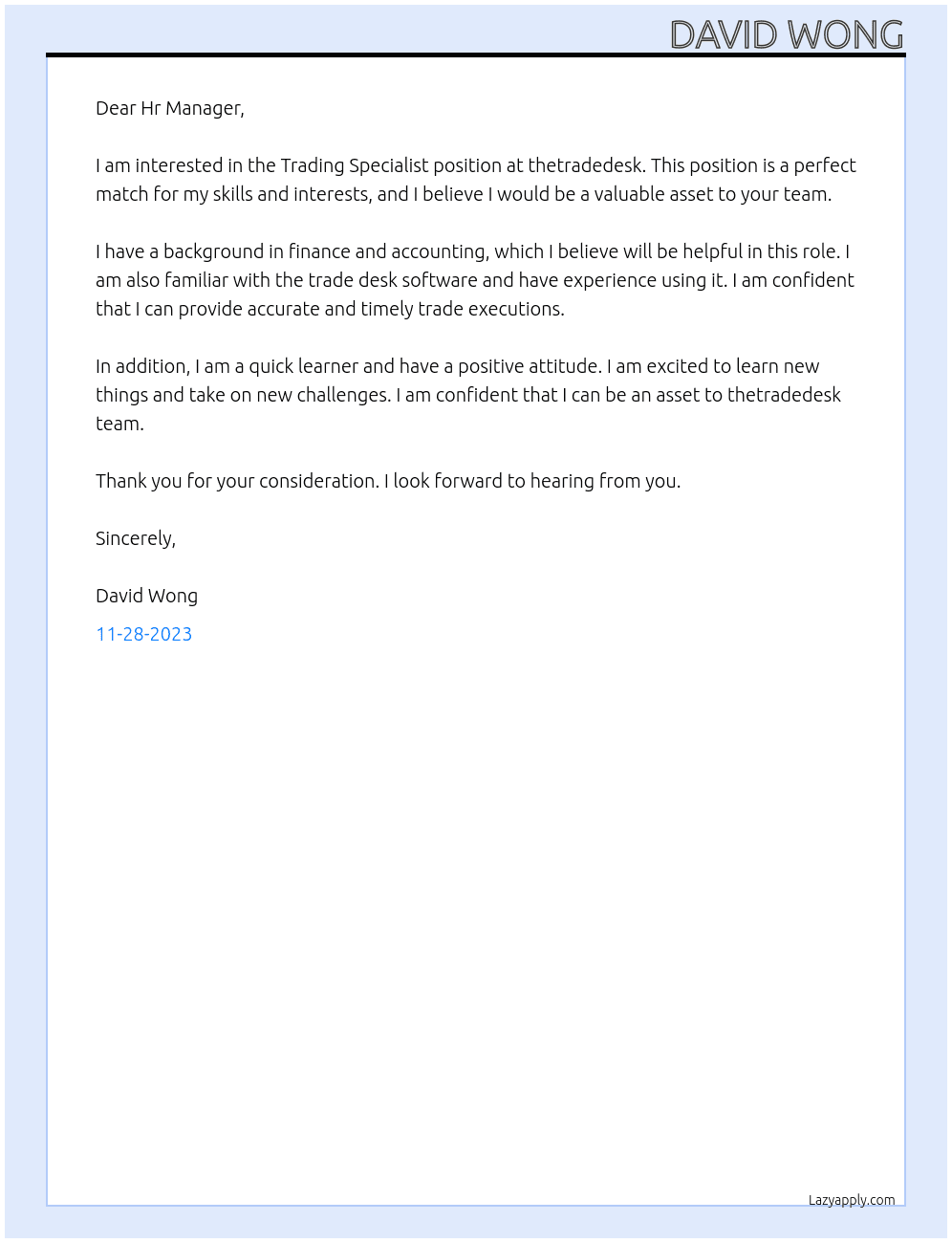 Trading Specialist At thetradedesk Cover Letter