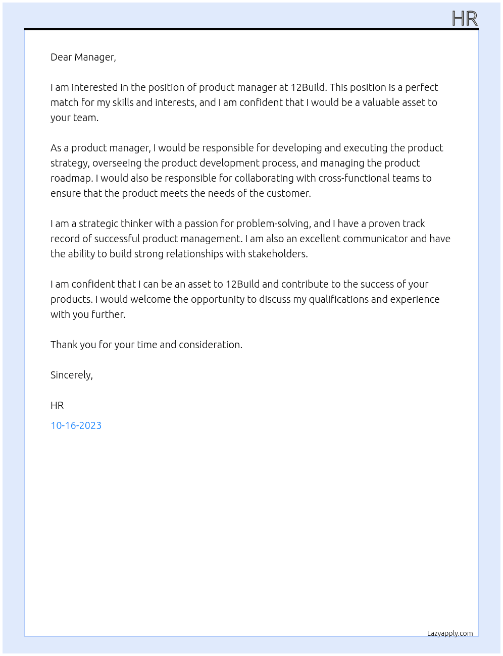 product manager At 12Build Cover Letter