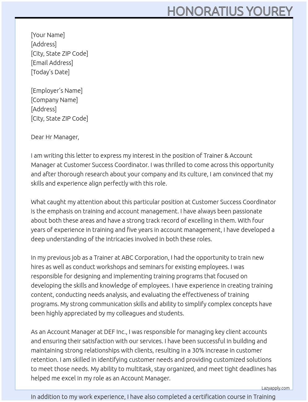 Trainer & Account Manager At Customer Success Coordinator Cover Letter