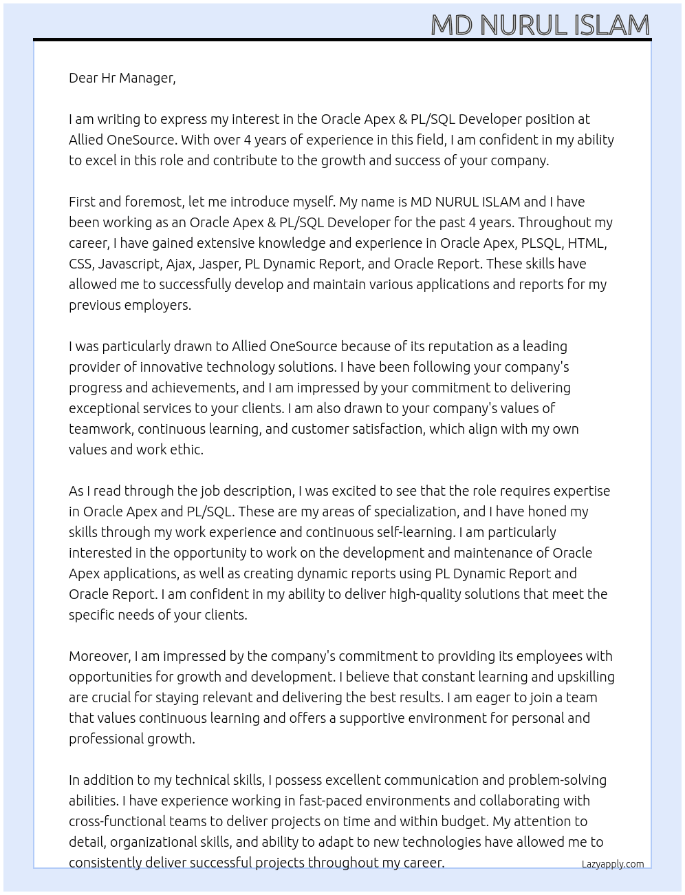 Oracle Apex & PL/SQL Developer (4+ Years) At Allied OneSource Cover Letter
