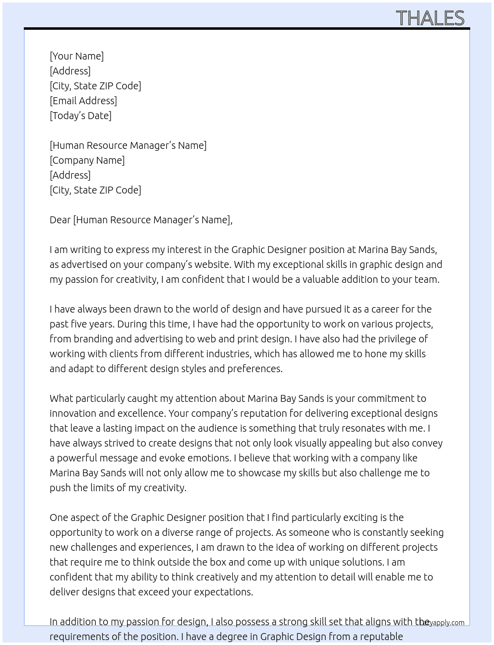 Graphic designer At Marina bay sands Cover Letter