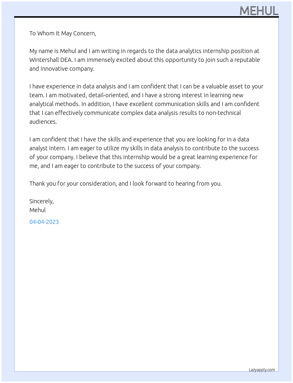 Data analytics internship At Wintershall DEA  Cover Letter