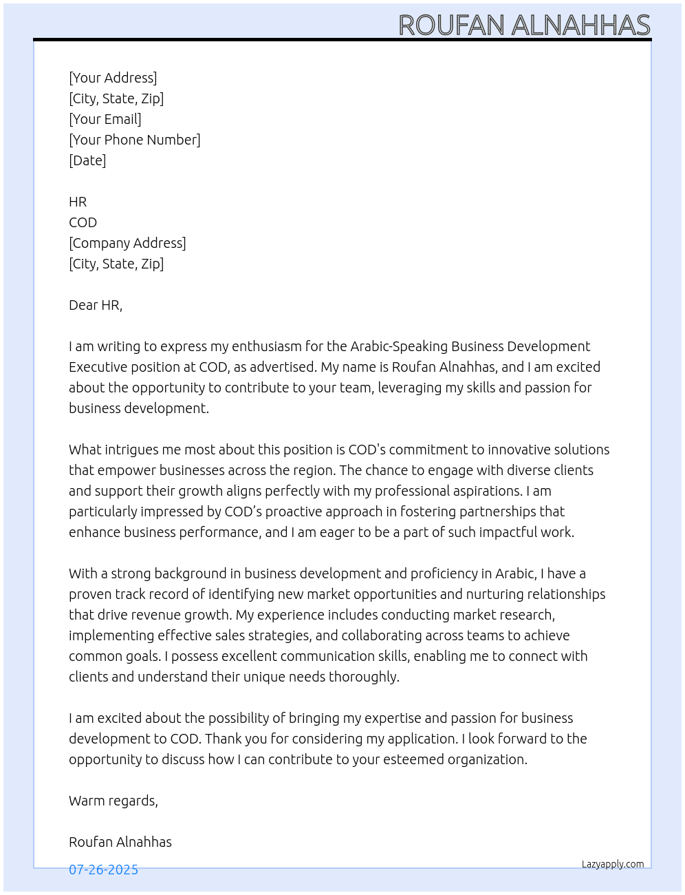 Arabic-Apeaking Business Develpoment Executive At  COD Cover Letter