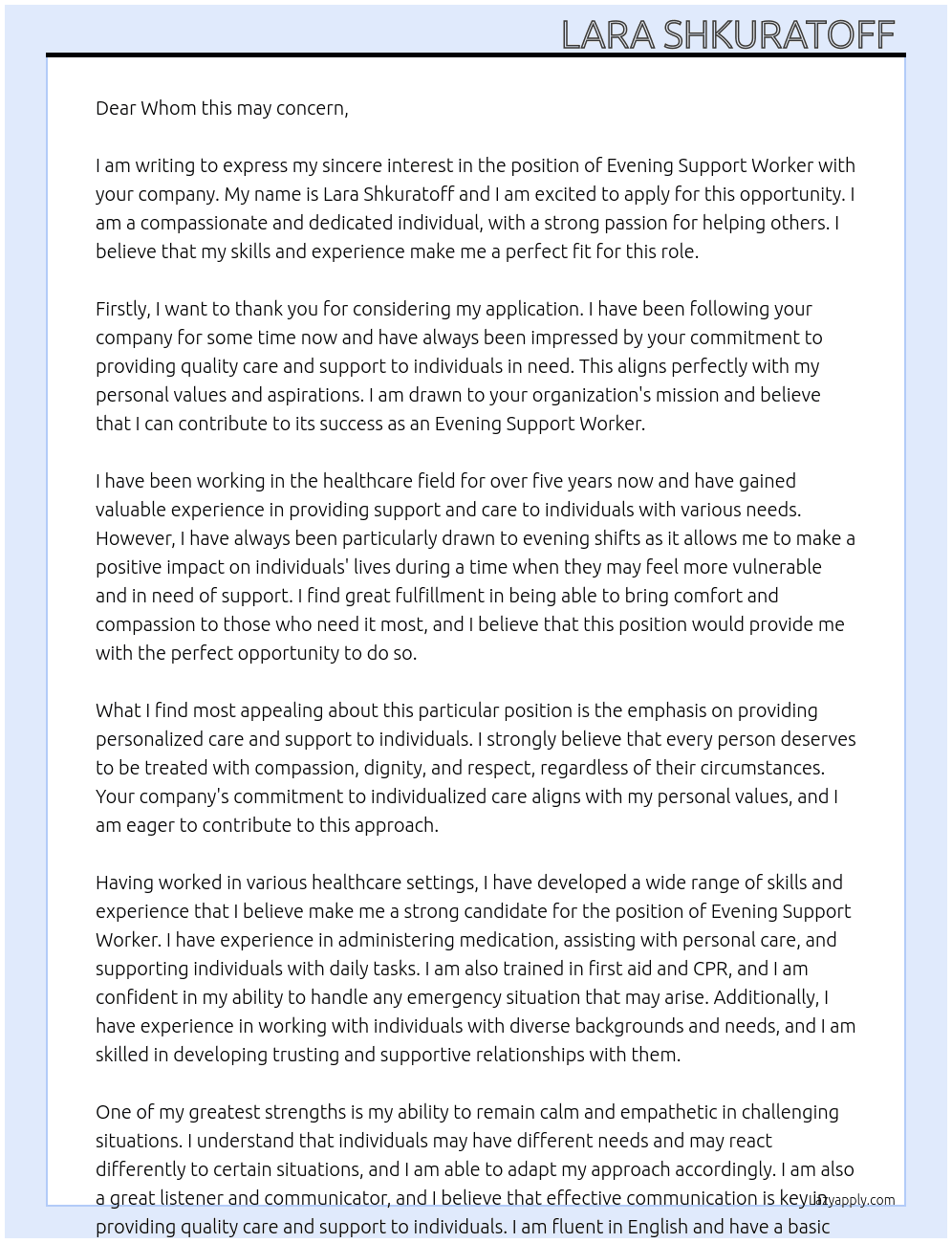 Cover letter for evening support worker - LazyApply