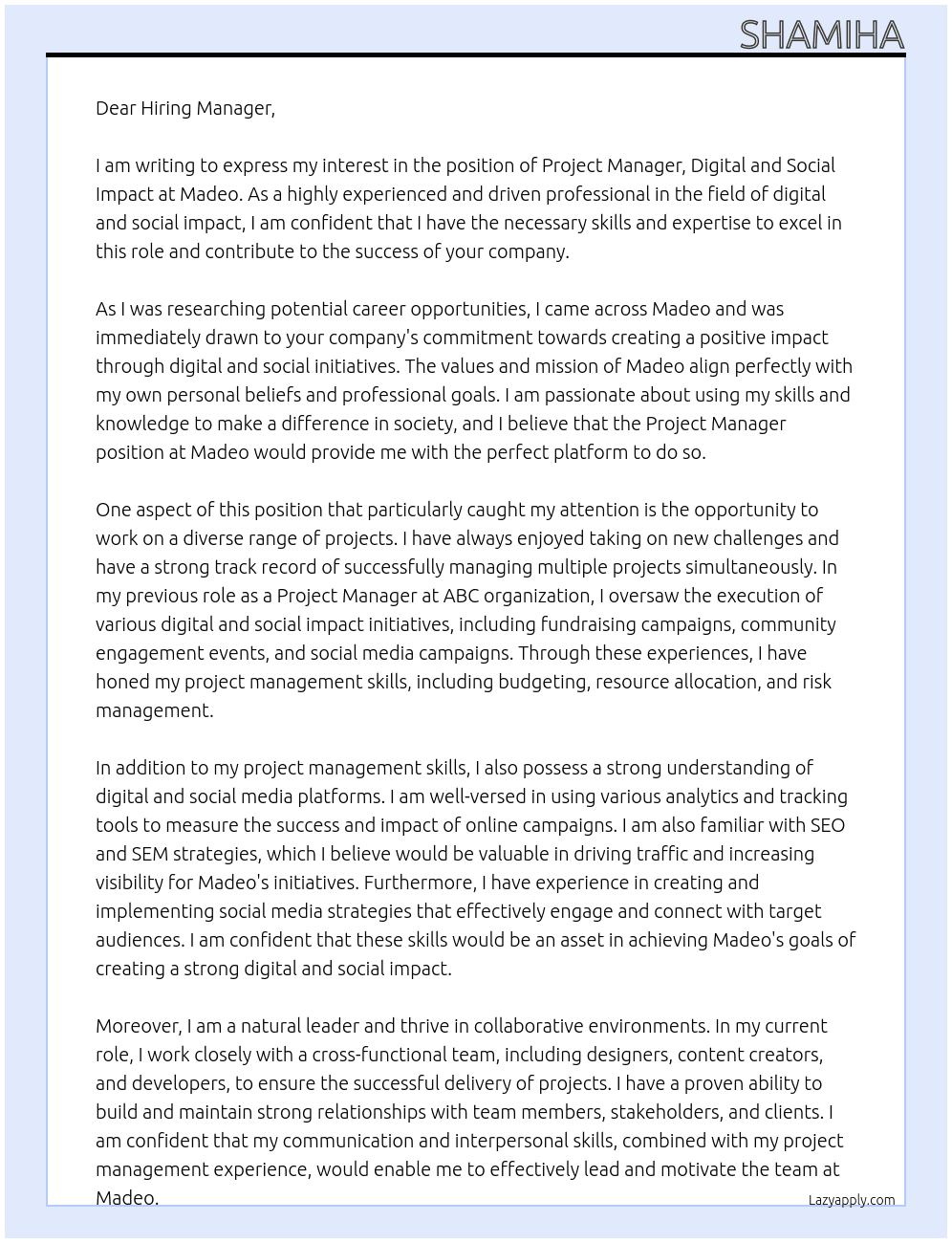 Project Manager, Digital and Social Impact At Madeo Cover Letter