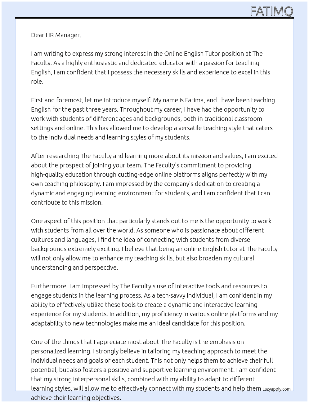 Online English Tutor At The Faculty Cover Letter