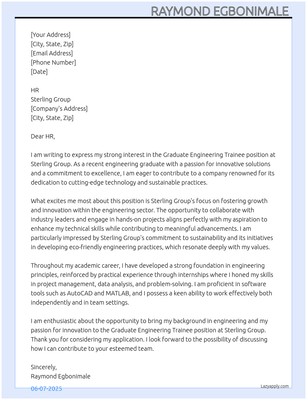 Cover letter for graduate engineering trainee - LazyApply