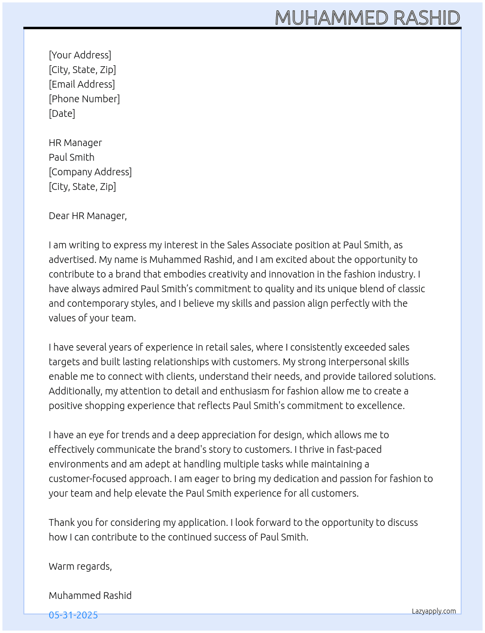 Sales Associate At Paul Smith Cover Letter