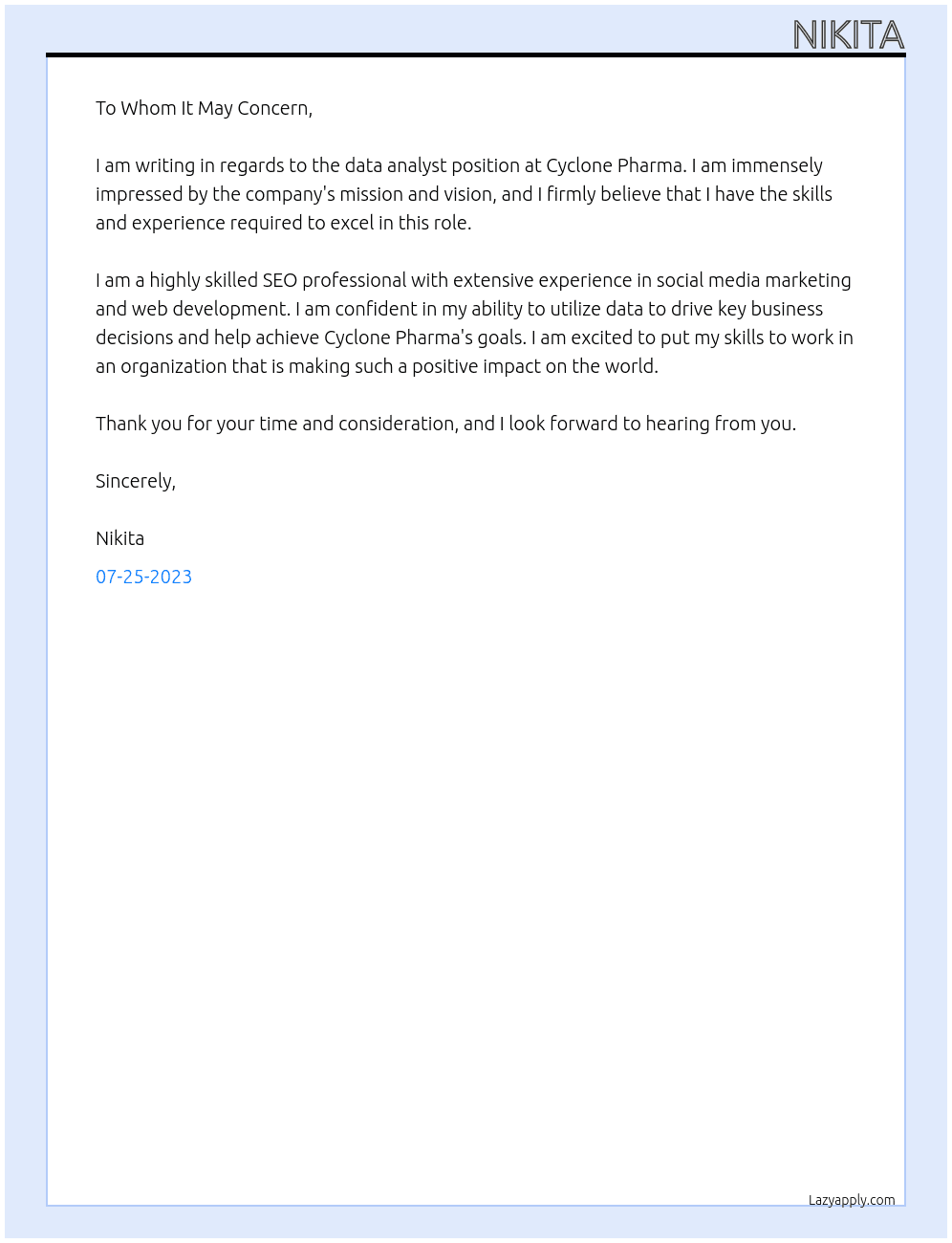 Data analyst At Cyclone Pharma Cover Letter