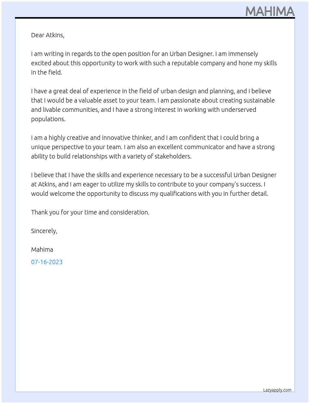 Urban Designer At Atkins Cover Letter