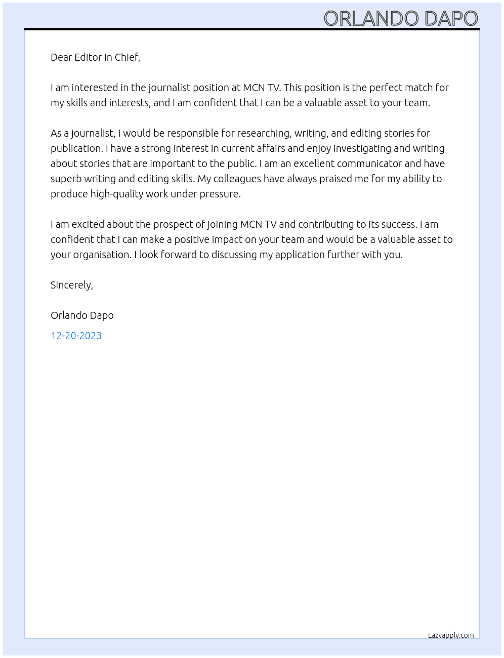 Journalist At MCN TV Cover Letter
