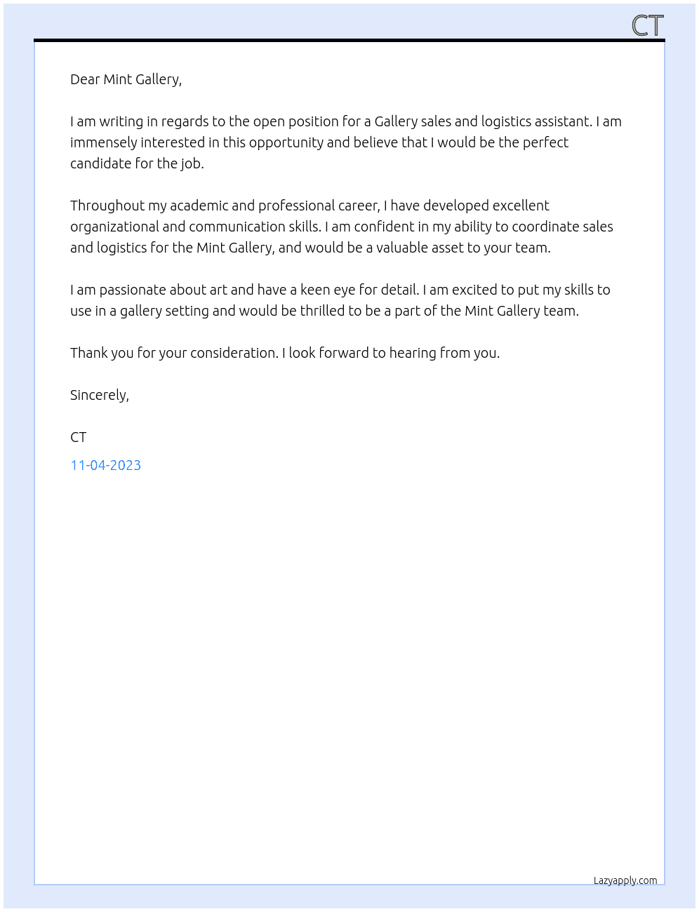Gallery sales and logistics assistant At Mint Gallery Cover Letter