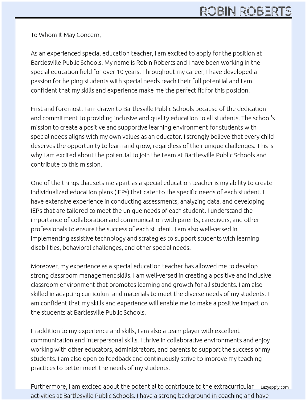 special education teacher  At Bartlesville Public Schools Cover Letter