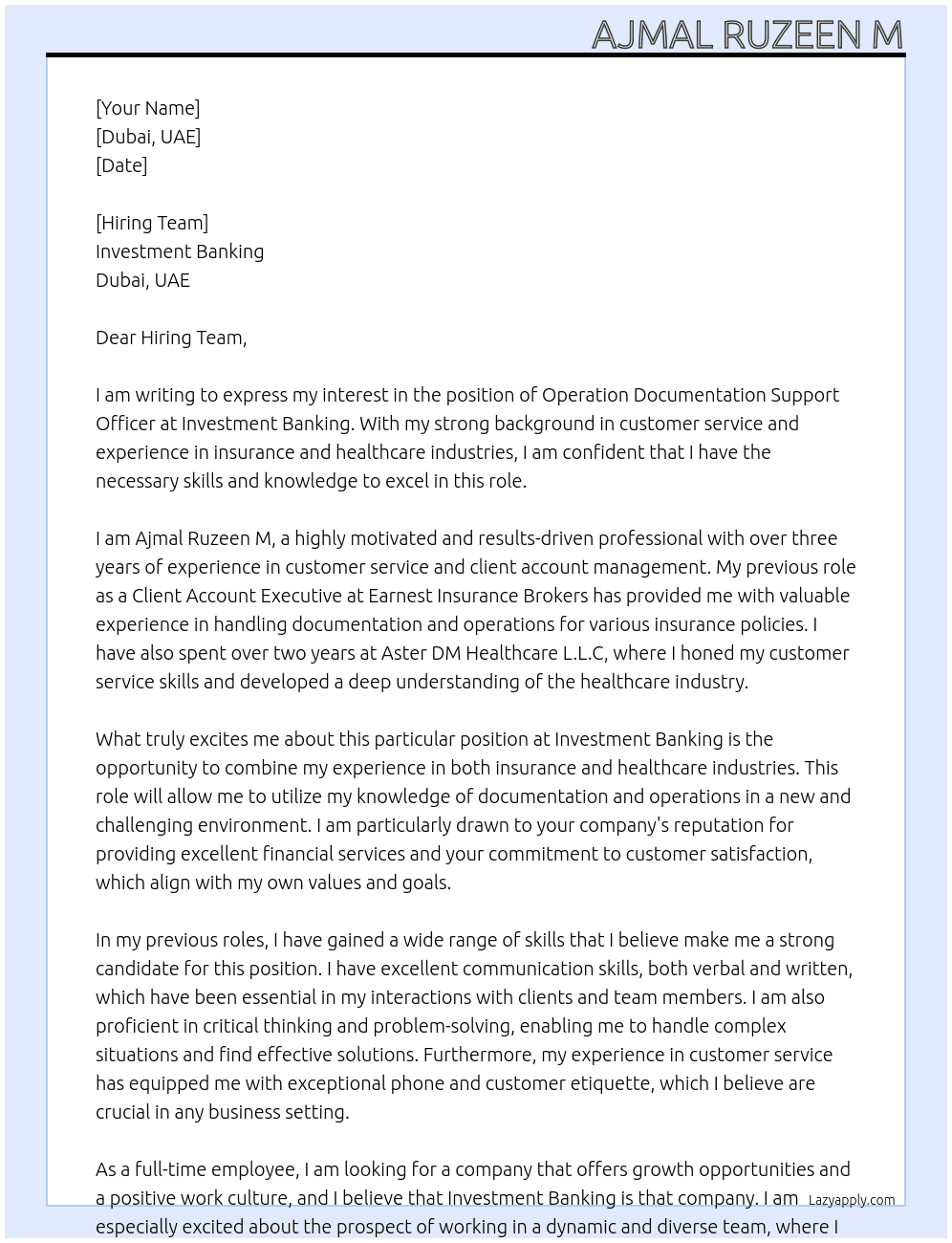Operation Documentation Support Officer At INVESTMENT BANKING Cover Letter