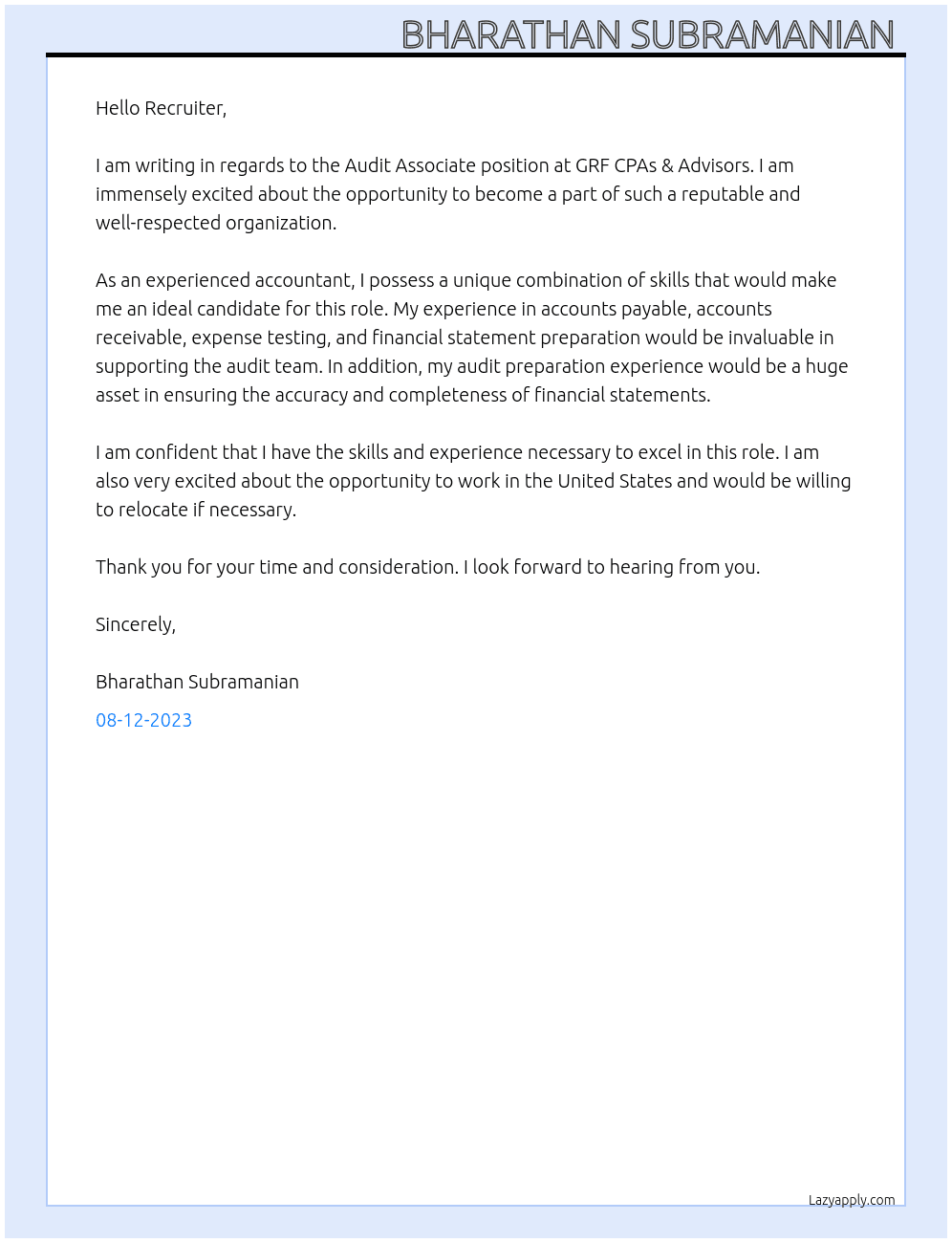 Audit Associate  At GRF CPAs & Advisors Cover Letter