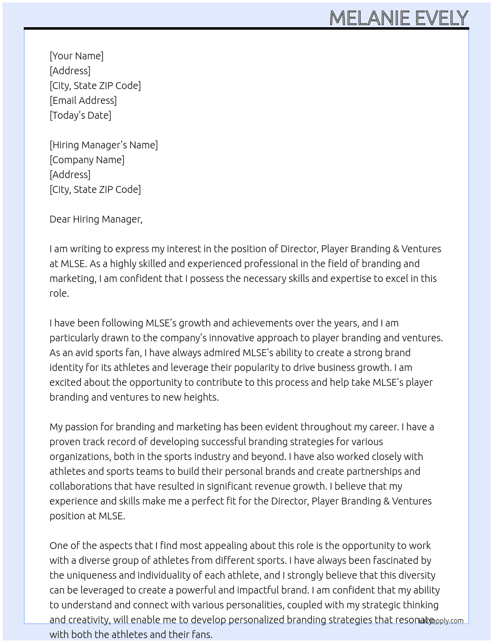 Director, Player Branding & Ventures At MLSE Cover Letter