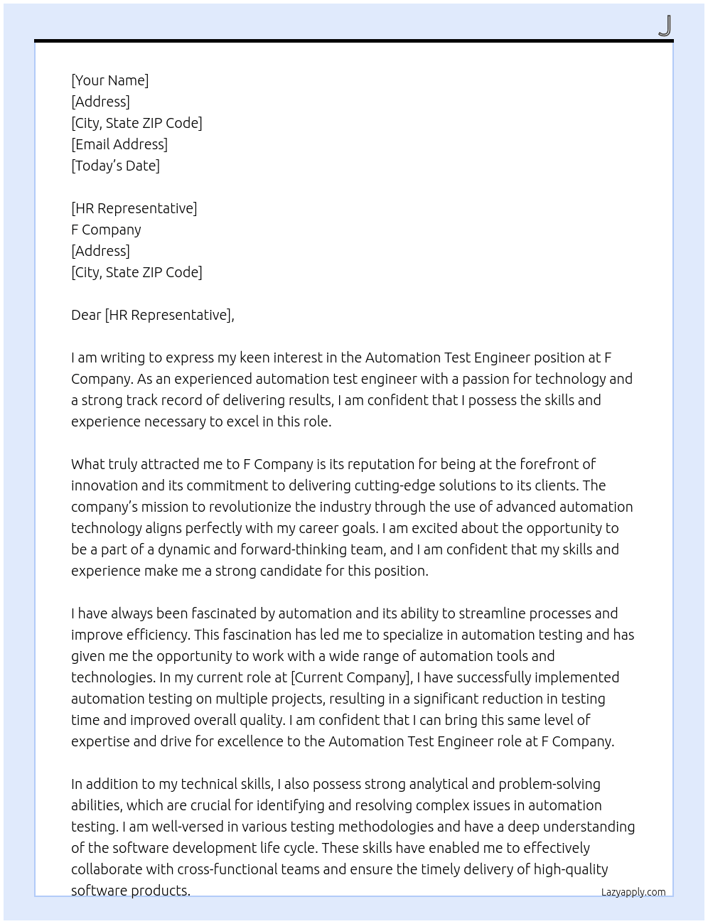 Automation Test Engineer At F Cover Letter