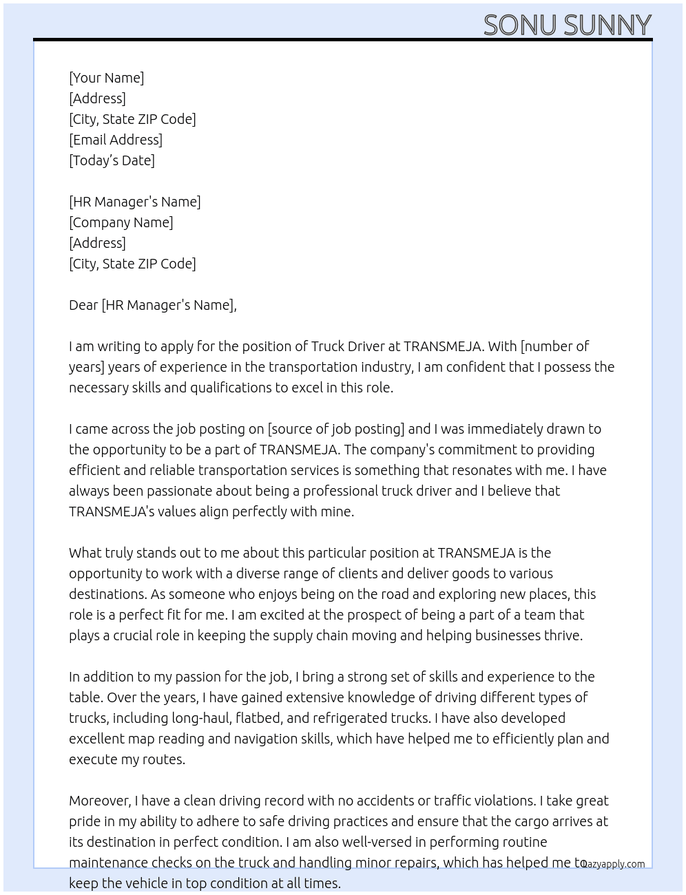 Truck driver  At TRANSMEJA  Cover Letter