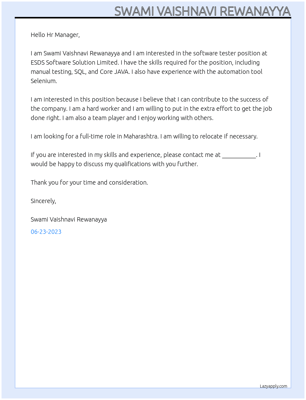 software tester At ESDS Software Solution Limited Cover Letter