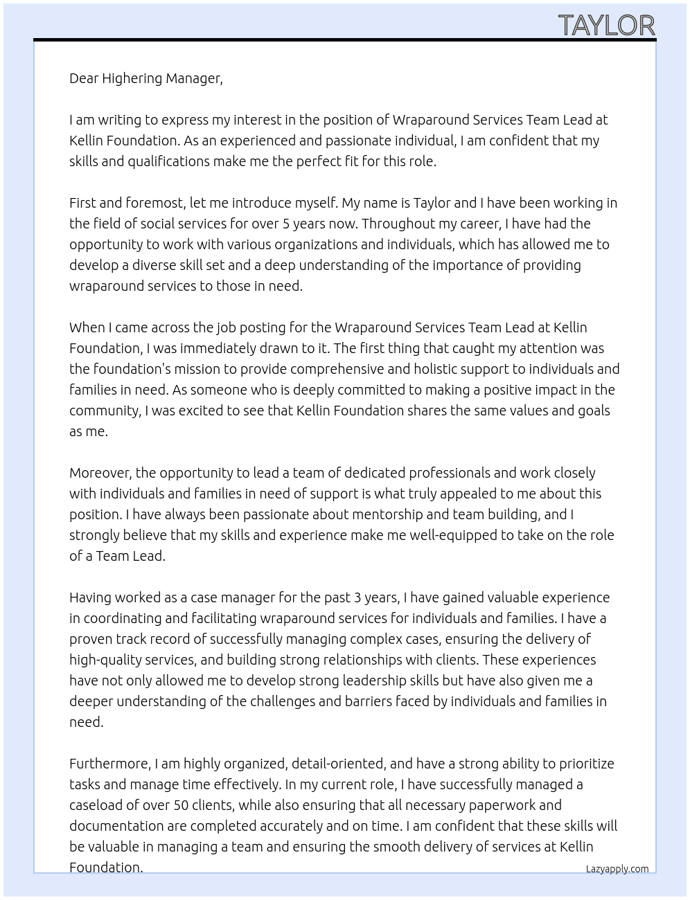 wraparound services team lead At Kellin Foundation Cover Letter