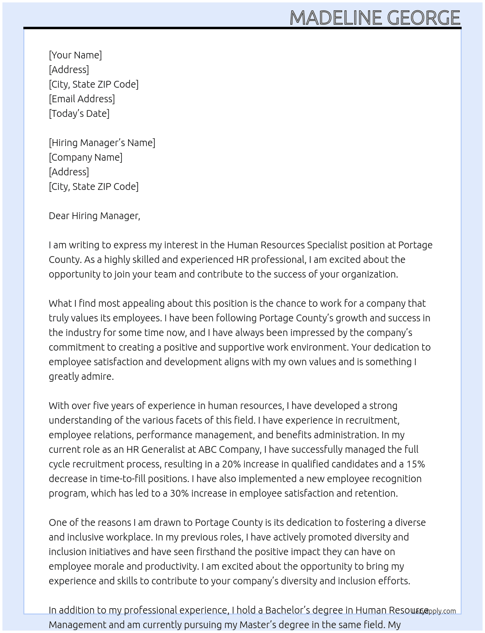 Human Resources specialist  At Portage County  Cover Letter