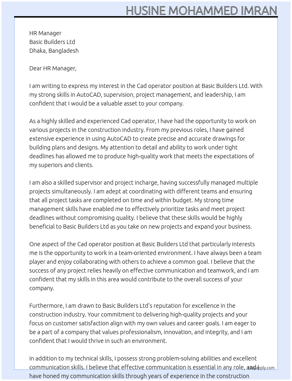 Cad operator  At Basic Builders Ltd Cover Letter