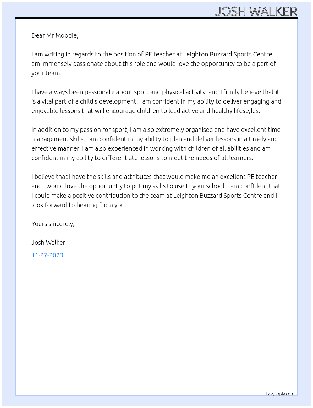 PE teacher At Leighton Buzzard Sports Centre Cover Letter