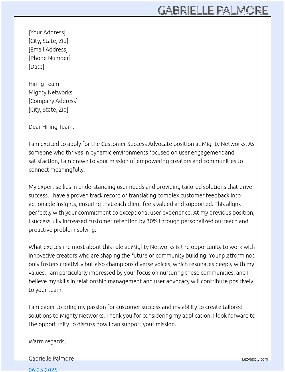 Cover letter for customer success advocate - LazyApply
