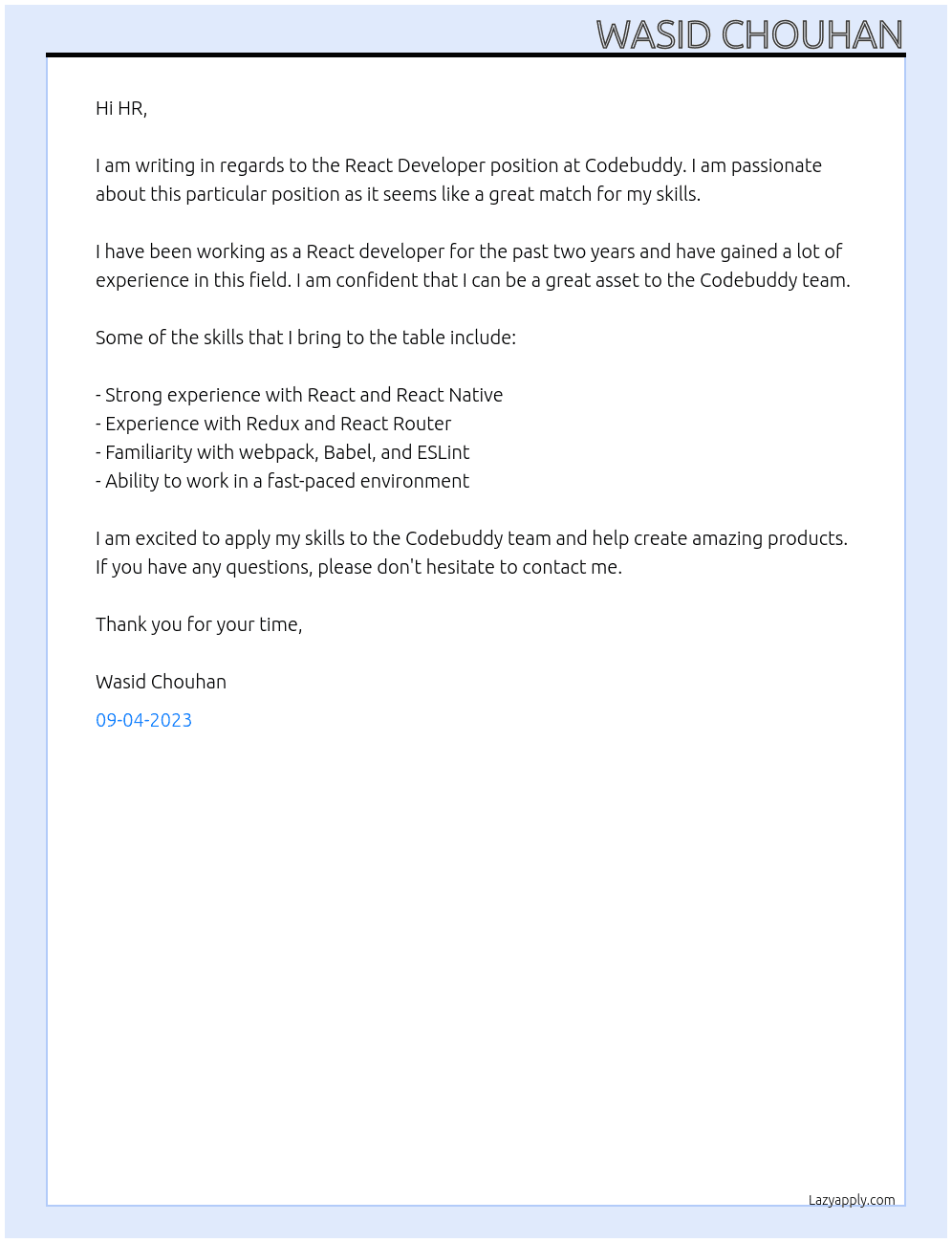 React Developer At Codebuddy Cover Letter