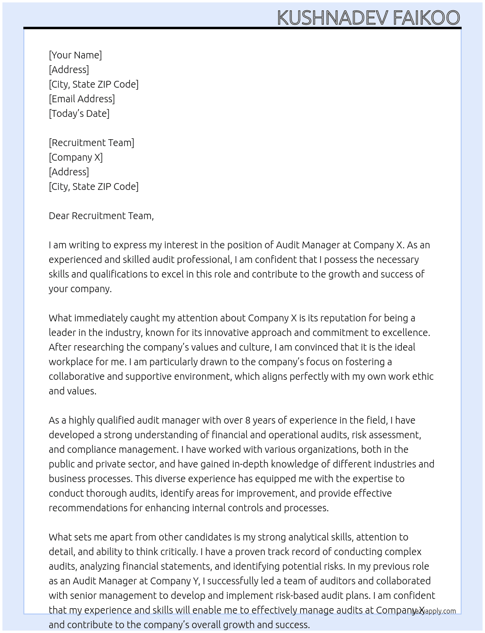Audit Manager At Company X Cover Letter