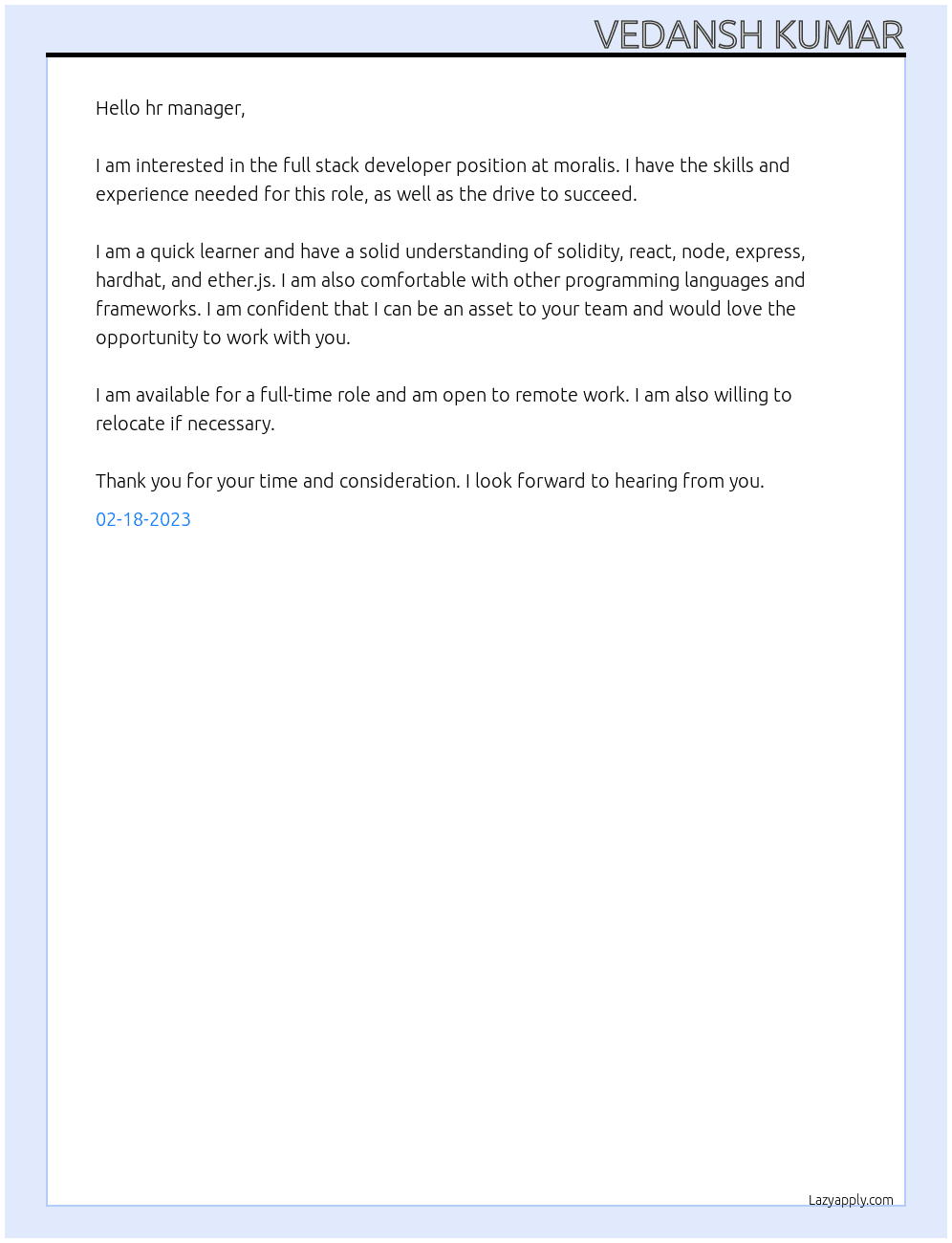 Full stack Developer At moralis Cover Letter