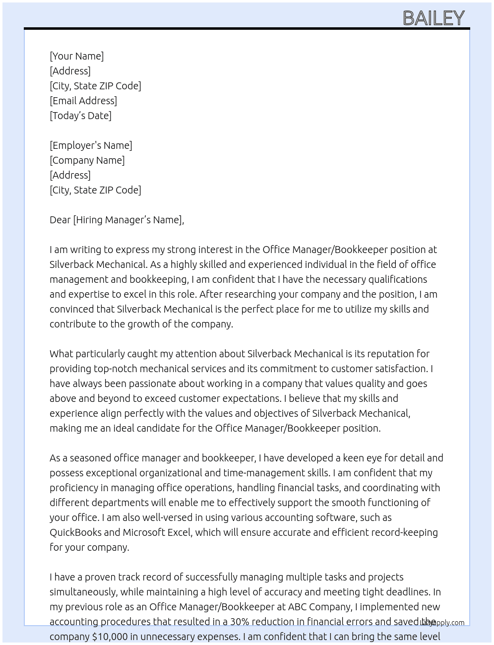 Office Manager / Bookkeeper At Silverback Mechanical  Cover Letter