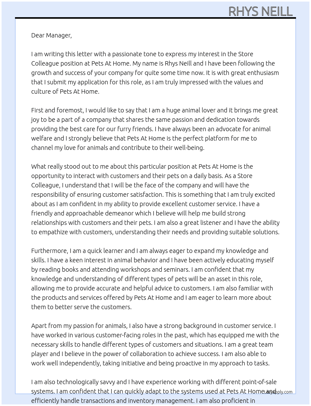 Store Colleague At Pets At Home  Cover Letter