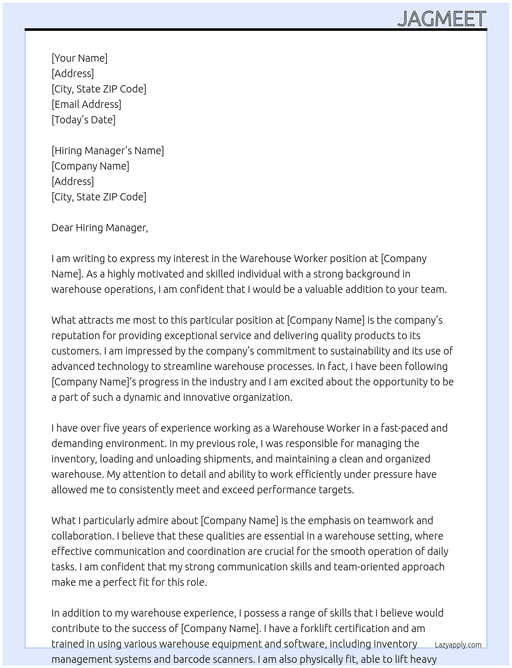 Warehouse worker At Warehouse role Cover Letter
