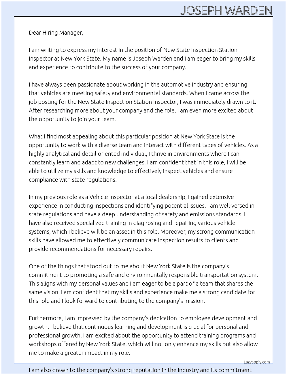 New state inspection station inspector At New York state Cover Letter