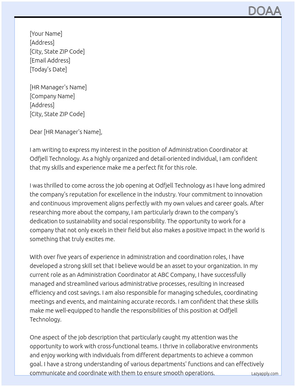 Administration Coordinator At Odfjell Technology Cover Letter