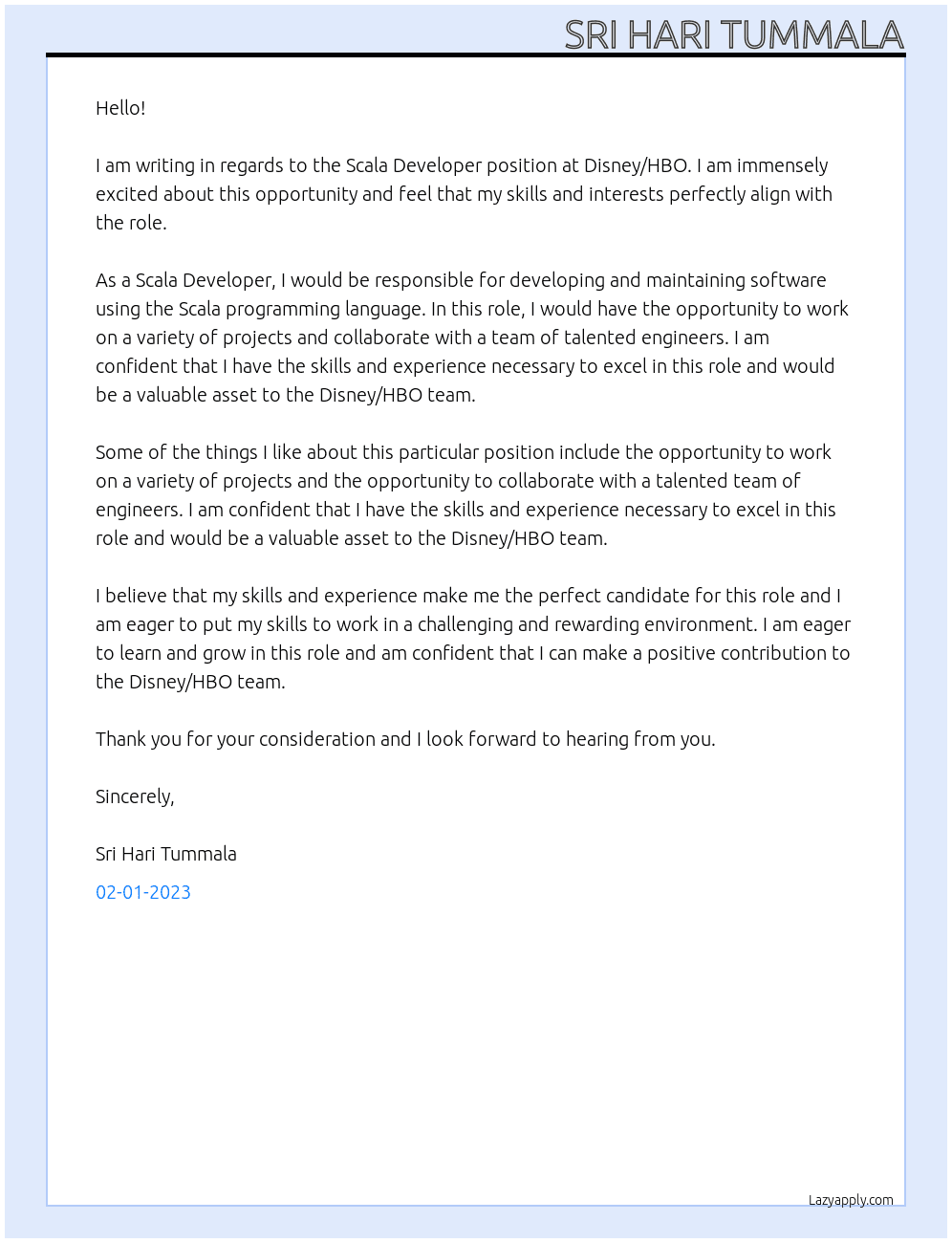 Scala Developer At Disney/HBO Cover Letter