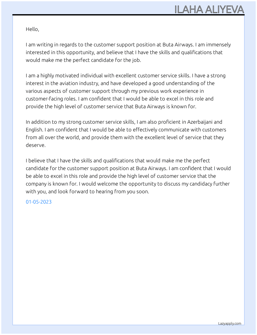 Customer support At Azerbaijan Airlines Cover Letter
