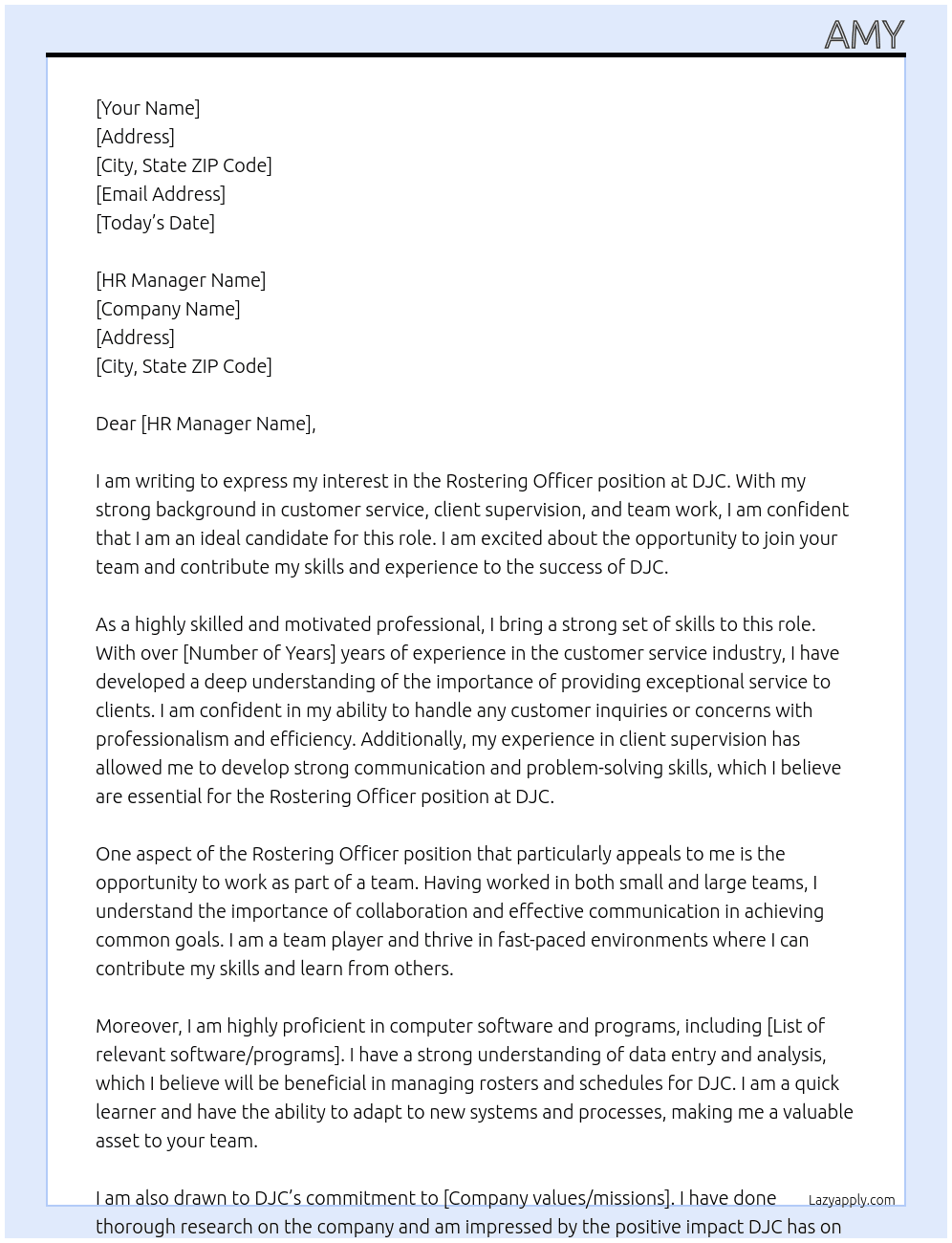 Rostering Officer At DJC Cover Letter