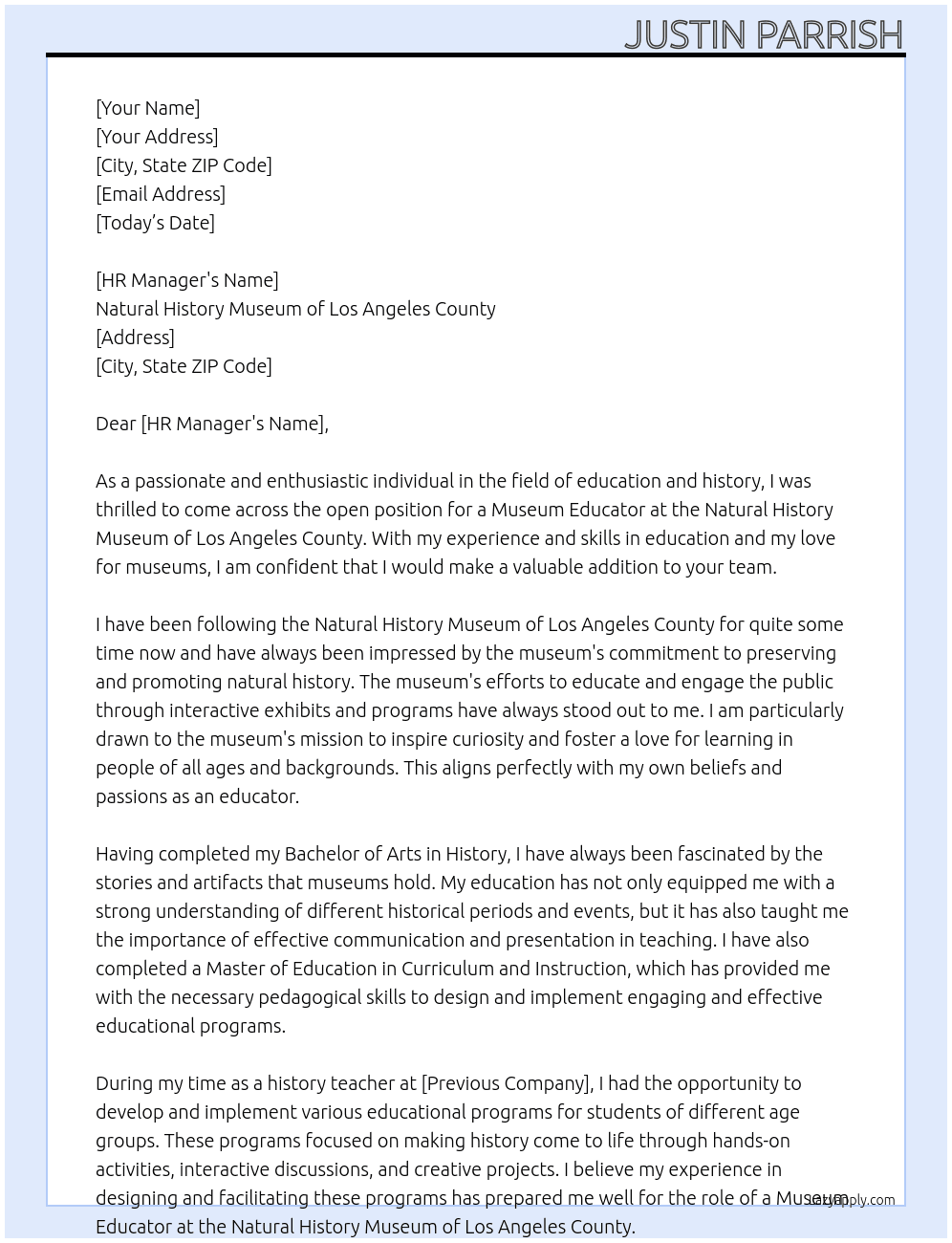 Museum Educator At Natural History Museum of Los Angeles County Cover Letter