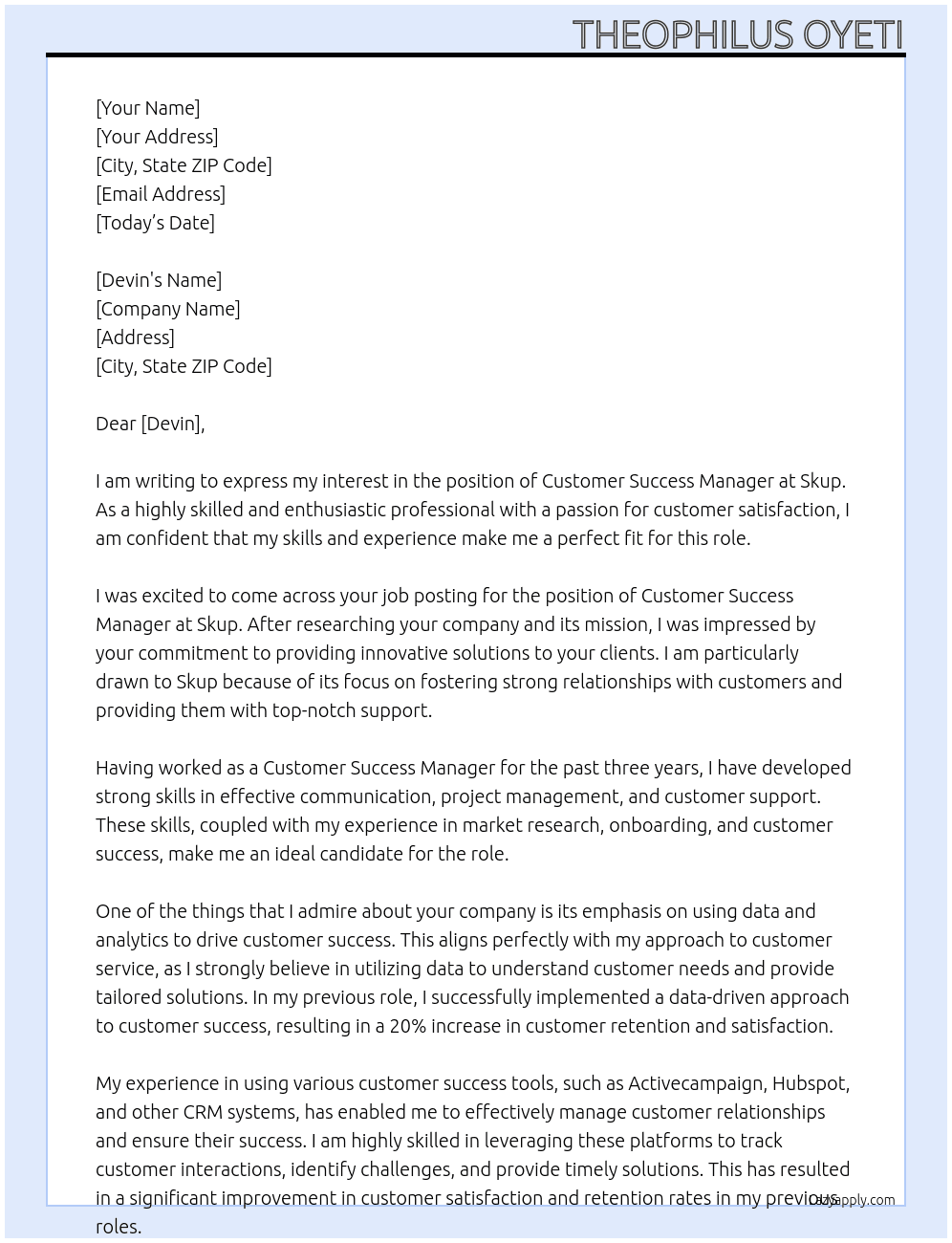 Customer Success Manager At Skup Cover Letter