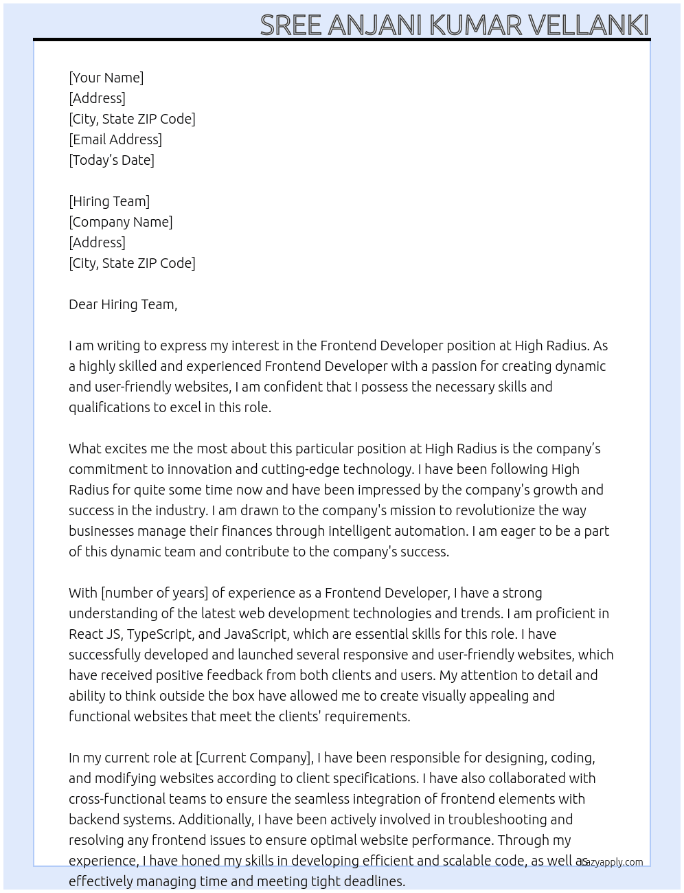 Frontend Developer At High Radius Cover Letter