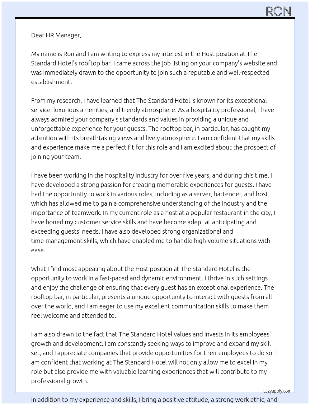 Host (  rooftop bar )  At The standard hotel  Cover Letter