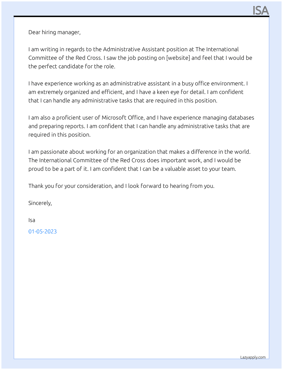 ADMINISTRATIVE ASSISTANT At The International Committee of the Red Cross Cover Letter