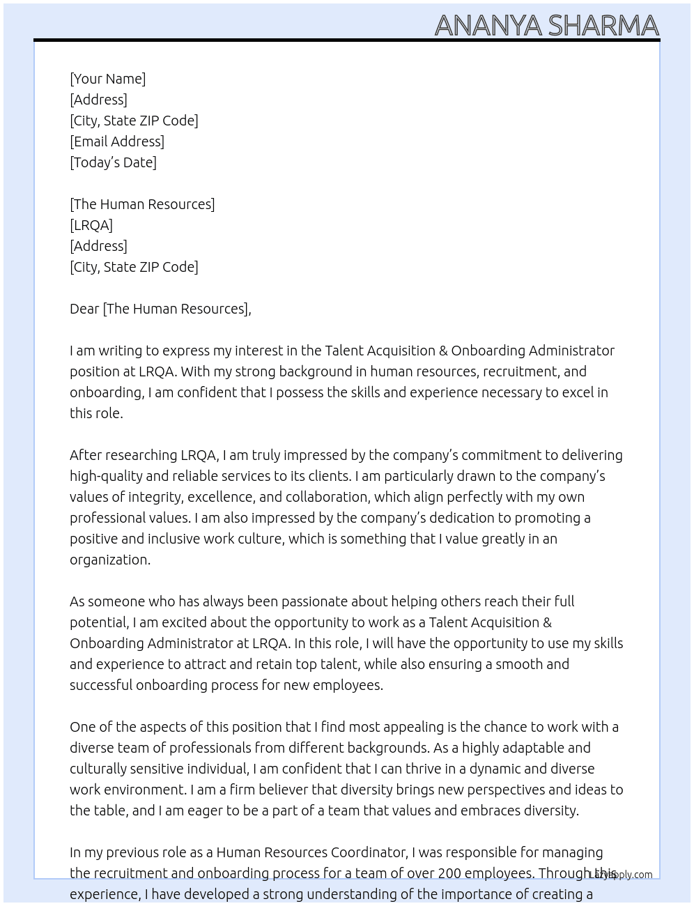 Talent Acquisition & Onboarding Administrator At LRQA Cover Letter